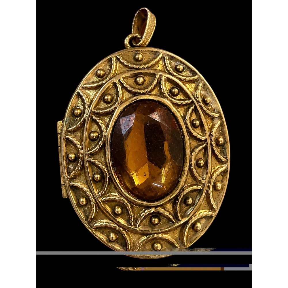 T20156-Vintage Avon Amber Glass Locket Brooch Pendant Gold Tone